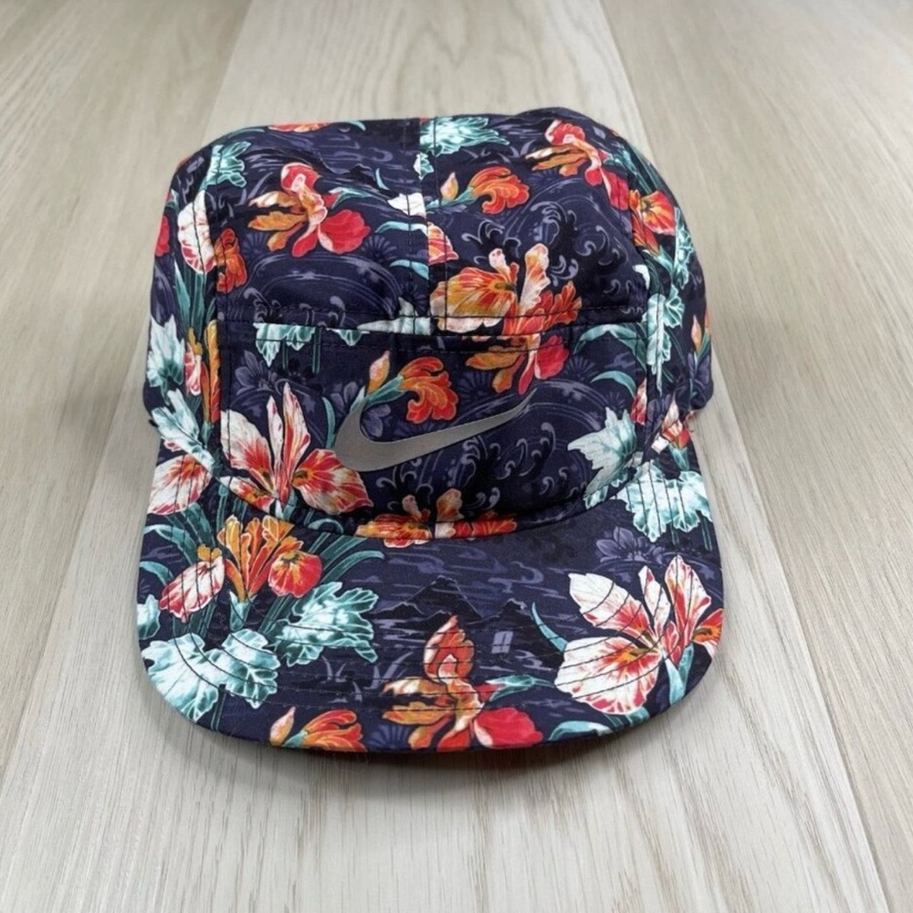Nike Floral 5-Panel Cap - Blue hat with Multicolor Flowers and gray swoosh